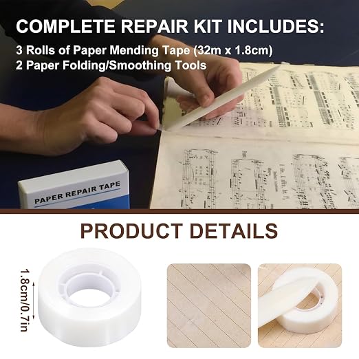 3 Rolls Archival Document Repair Tape Kit Book Repair Acid-Free Tape - Image 3
