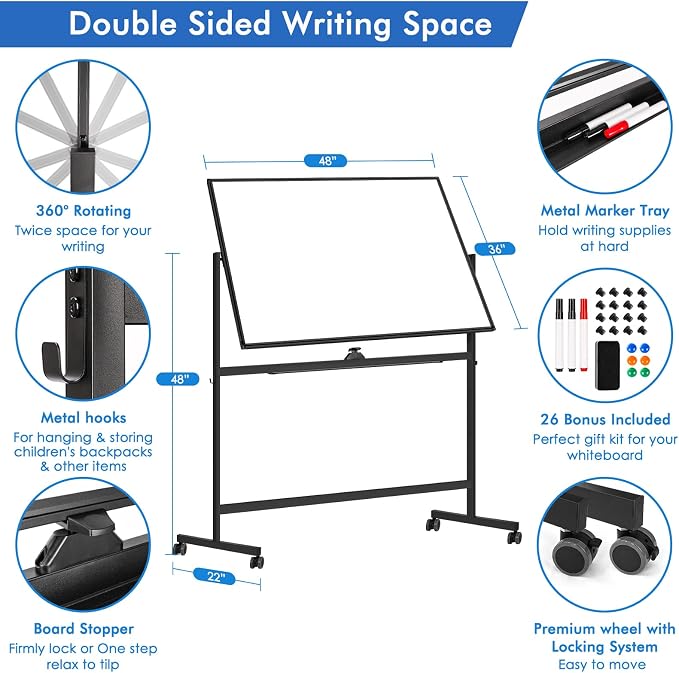 Large Rolling White Board, 48x36 in Double-Sided Mobile Whiteboard, maxtek - Image 5