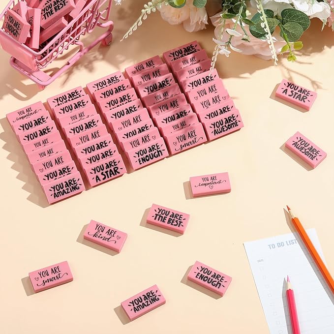 PerKoop 100 Pcs Pcs Inspirational Pink Erasers Bulk Small Motivational Block Pencil Erasers Back to School Gifts for Classroom Students Teachers Office Stationery Supplies-DeskLoop Office