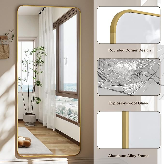 HARRITPURE 66x23 inch Rounded Full Length Mirror Aluminum Frame Mirror Full Length Floor Mirror with Stand for Living Room Bedroom Cloakroom,Gold-DeskLoop Office