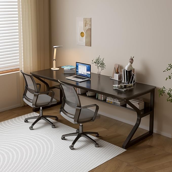 Extra Long Desk with Bookshelf - 71" Double Long Writing Table for 2-Person Workstation, Modern Study Work Computer Desk for Home and Office, Black-DeskLoop Office