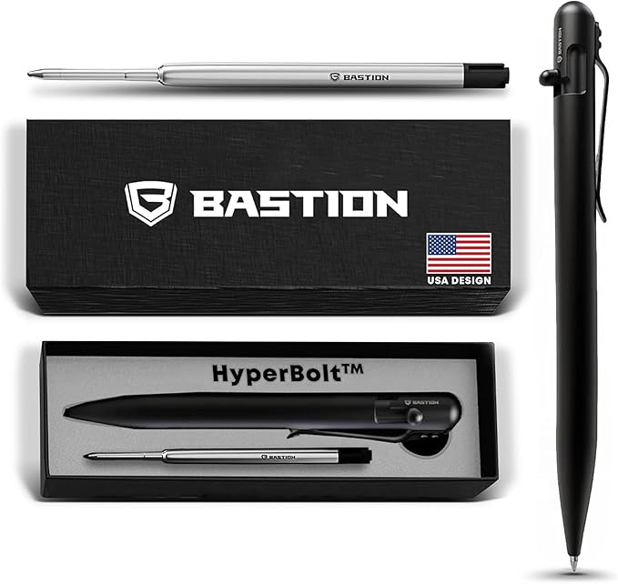 BASTION® Luxury Slim Bolt Action Pen, Durable EDC Pen with Fine Tip, Professional Ballpoint Pen for School and Work - Stainless Steel Black-DeskLoop Office
