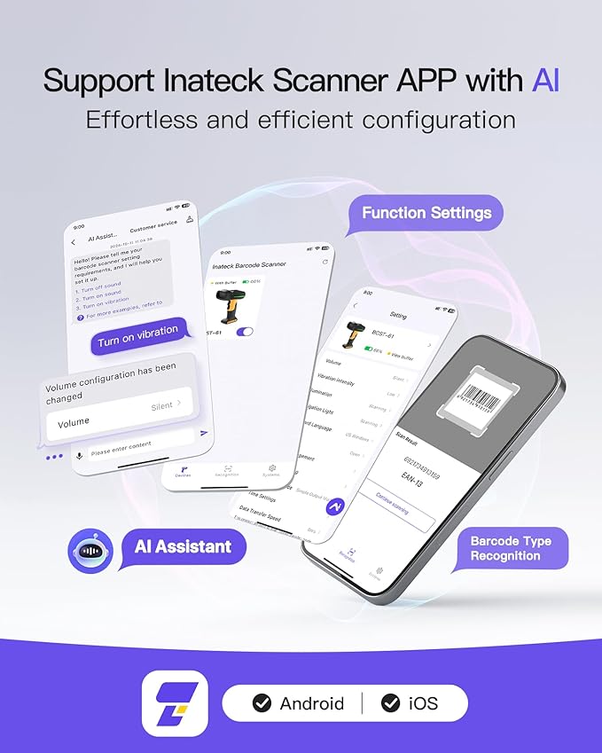 Inateck Industrial Barcode Scanner Bluetooth, 1D Scanner Wireless with IP67 Waterproof and Dustproof, Handscanner with App & SDK，BCST-61-DeskLoop Office