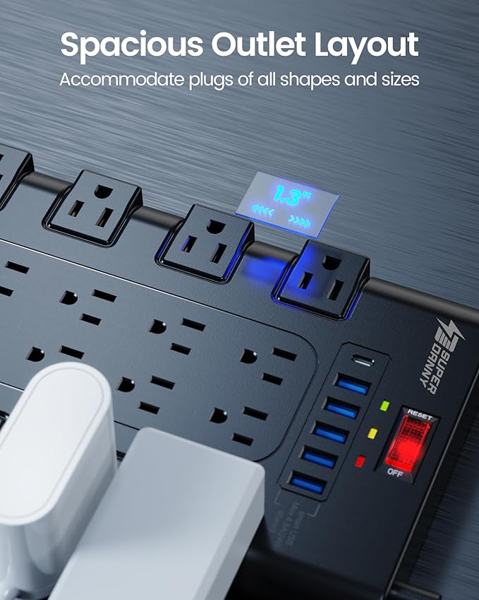 Extension Cord 10 Ft, SUPERDANNY Power Strip Surge Protector with 6 USB Charging Ports and 22 AC Outlets, 1875W/15A, 2100 Joules, Flat Plug Power Outlet for Home, Office, Dorm, Gaming Room, Black-DeskLoop Office