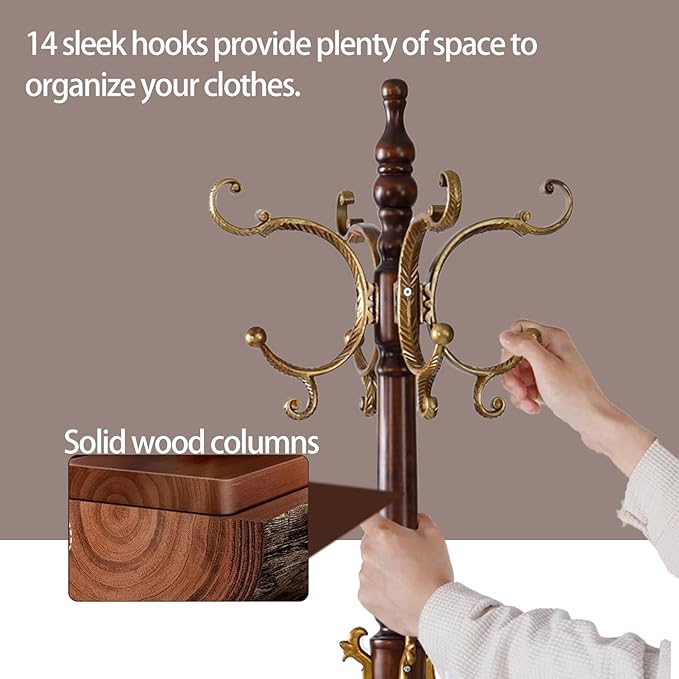 Wooden Coat Racks, Retro 78" Coat Tree with 12 Hooks & Stable Triangular Base, Entryway Coat Rack Freestanding for Hat, Clothes, Scarves, Handbags, Umbrella (Vintage)-DeskLoop Office