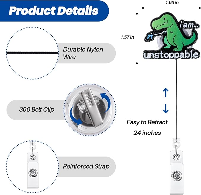I Am Unstoppable T-Rex Glitter Funny Retractable Nurse Badge Reel ID Holder | - Image 4