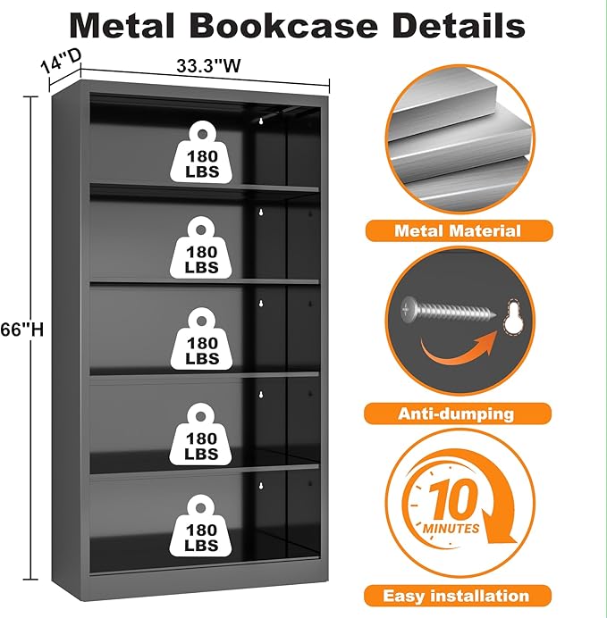 5 Tier Metal Bookshelf, 66" Tall Bookcase, Adjustable Book Shelves, Modern Black Book Shelf Storage Shelves for Bedroom, Living Room, Office, Library, Classroom, School-DeskLoop Office