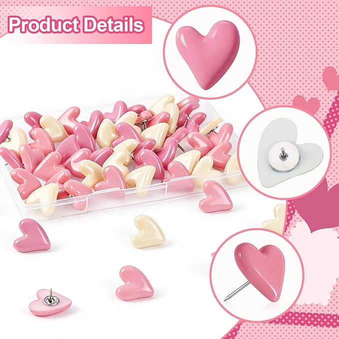 JANYUN 60Pcs Heart Decorative Push Pins Pink Thumb Tacks - Image 2