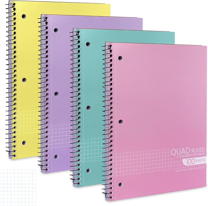 Manaloom Graph Paper Notebook Bright Colors, Quad Ruled Grid spiral Notebooks, 10.5 x 8 in, 100 Sheets, Perforated – Math, STEM, Class Notes, School & College Use – Assorted Colors, 4 Pack-DeskLoop Office