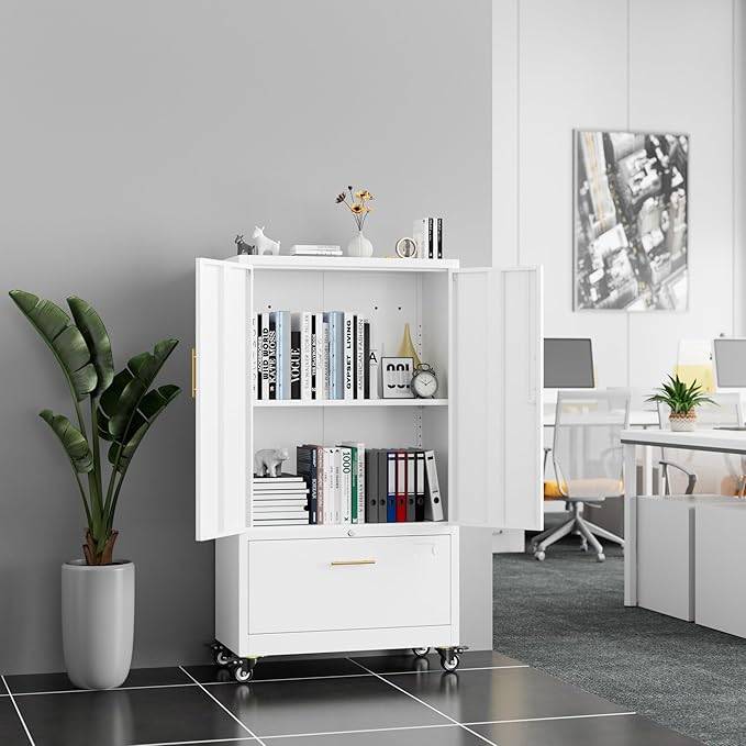 Aobabo Metal 1 Drawer Office File Cabinet with Lock and 2 Doors, Office Steel Files Cabinet with Wheels, Legal/Letter A4 Size, Assembly Required, White-DeskLoop Office