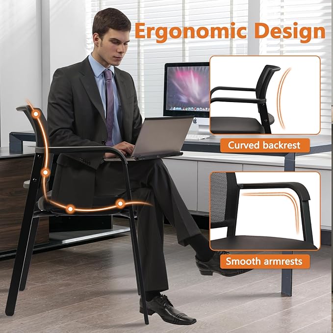 CLATINA Stackable Office Chair, Mesh Back Guest Chairs with Comfortable Leather Seat Arms Stacking Ergonomic Desk Chair No Wheels for Conference Waiting Reception School Stationary, Black, Set of 2-DeskLoop Office