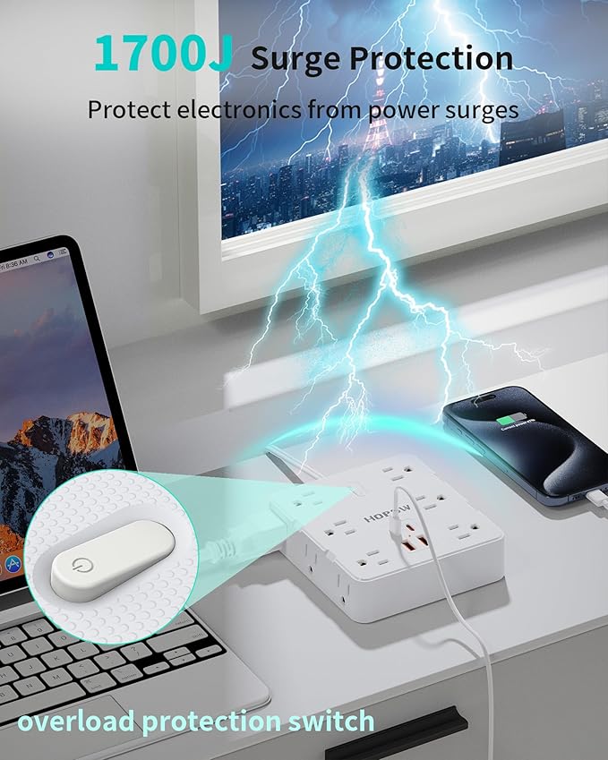 2 Prong Power Strip, 2 Prong to 3 Prong Outlet Adapter with 12 AC & 4 USB(2 USB-C), 1700J Two Prong Surge Protector, 5FT Extension Cord, Wall Mountable, Ideal for Old House Non-Grounded Outlets-DeskLoop Office
