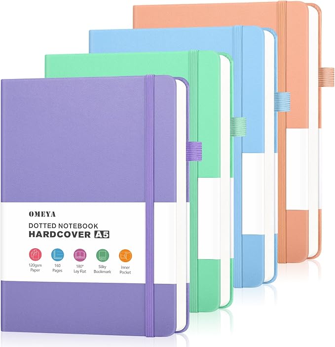 OMEYA Bullet Dotted Journal Notebook 4 Pack: 160 Pages Per Pack, A5 Medium Size by OMEYA