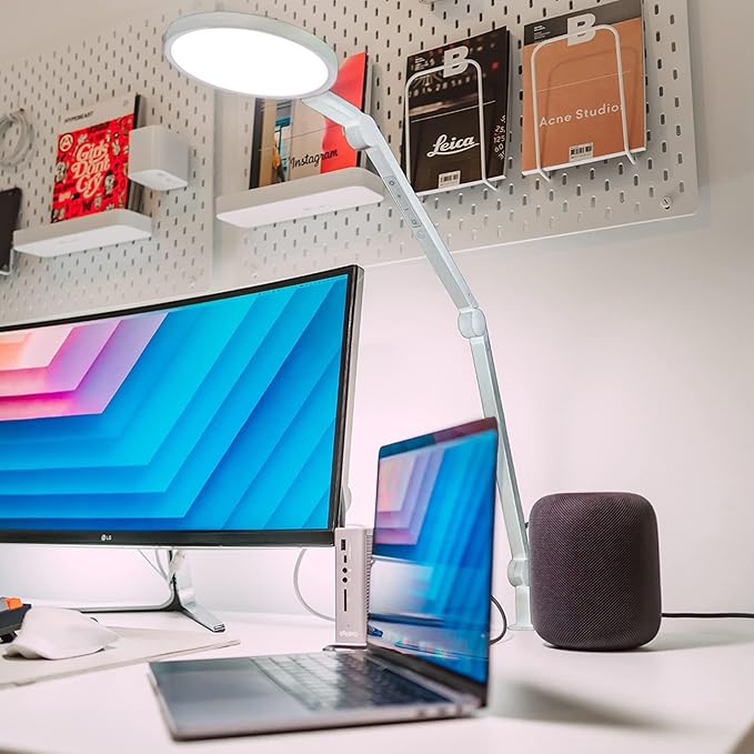 LUME CUBE Edge 2.0 LED Desk Lamp | Dimmable Home Office Desk Light with USB Charging Port & Strong Swing Arm | Adjustable Color Temperature and Brightness | Circle Webcam Light - White-DeskLoop Office