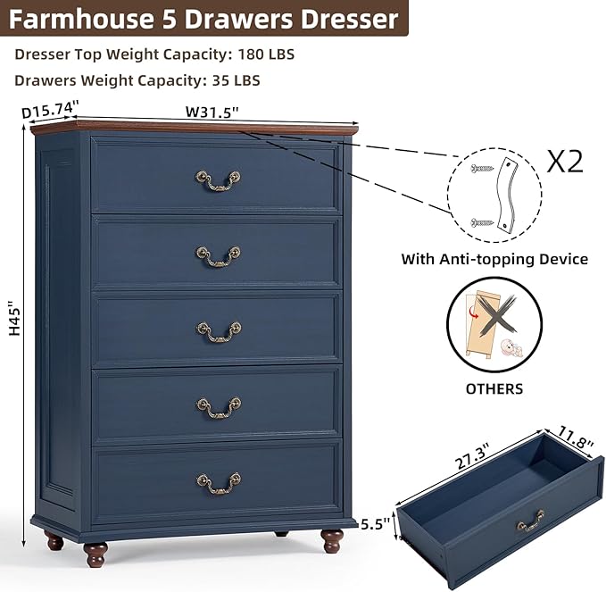 Farmhouse 5 Drawer Dresser for Bedroom, 45" Tall Rustic Chests of Drawers w/ 4 Solid Wood Feet, Mid Century Modern Wooden Closet Storage Dressers Organizer for Living Room, Hallway, Navy Blue-DeskLoop Office