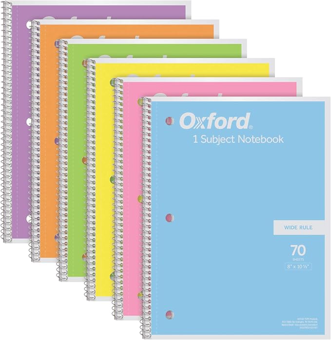 Oxford Spiral Notebooks, 6 Pack, 1 Subject, Wide Ruled Notebooks by Oxford