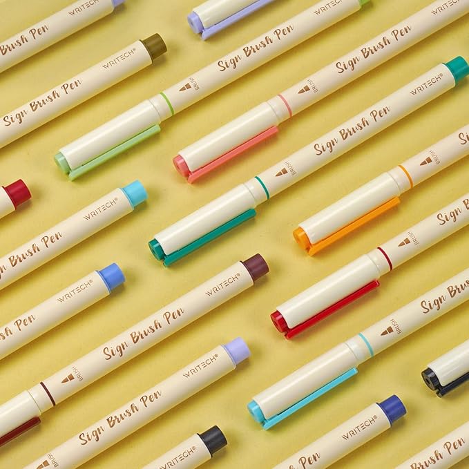 WRITECH Arts Sign Brush Pen Brush Tip Marker Felt Tip Water Based Ink Color Pens 12 Assorted Pastel Colors Great for Lettering, Journaling, Calligraphy (Natural)-DeskLoop Office