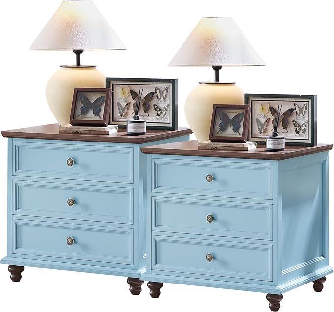 24" Wide Farmhouse Night Stand Set of 2,Large End Table with 3 Drawers & Metal Handle,Light Blue Wood Dresser for Bedroom Cabinet, Bed Side Table Chest of Drawers ,Nightstand for Living Room,Closet-DeskLoop Office