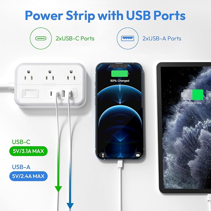 Flat Plug Extension Cord 25 ft, Surge Protector Power Strip, Outlet Extender with 6 Outlets 4 USB Ports, Overload Protection, Long Extension Cord with Multiple Outlets for Indoor, Home, Office, White-DeskLoop Office