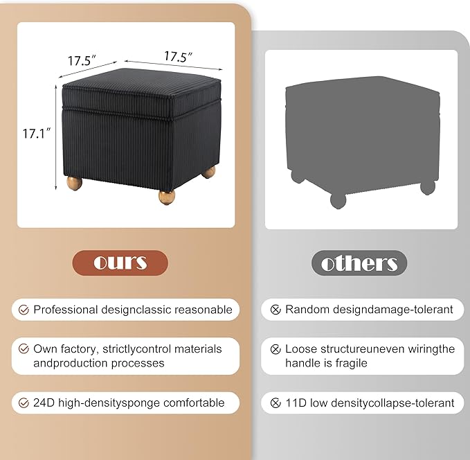 Adeco 17 Inch High Striped Flannel Black Cube Ottoman Storage, 3D Embossed Velvet Chair Foot Stools, Upholstered Vanity Stool with Hinged Lid, Solid Round Wood Legs-DeskLoop Office