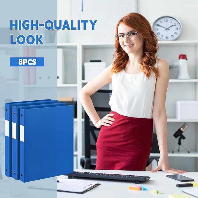 Henoyso 8 Pcs 3 Ring Binder 1/2'' Round Fits Letter Size 8. 5'' x 11'' Paper Plastic Flexible Binder Holds 100 Sheets with 1 Pockets Versatile Organizer for Office Home School (Blue)-DeskLoop Office