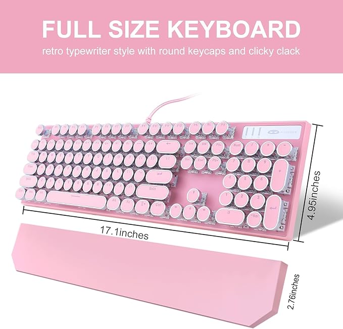 Camiysn Typewriter Style Mechanical Gaming Keyboard, Pink Retro Punk Gaming Keyboard with White Backlit, 104 Keys Blue Switch Wired Cute Keyboards, Round Keycaps for Windows/Mac/PC-DeskLoop Office