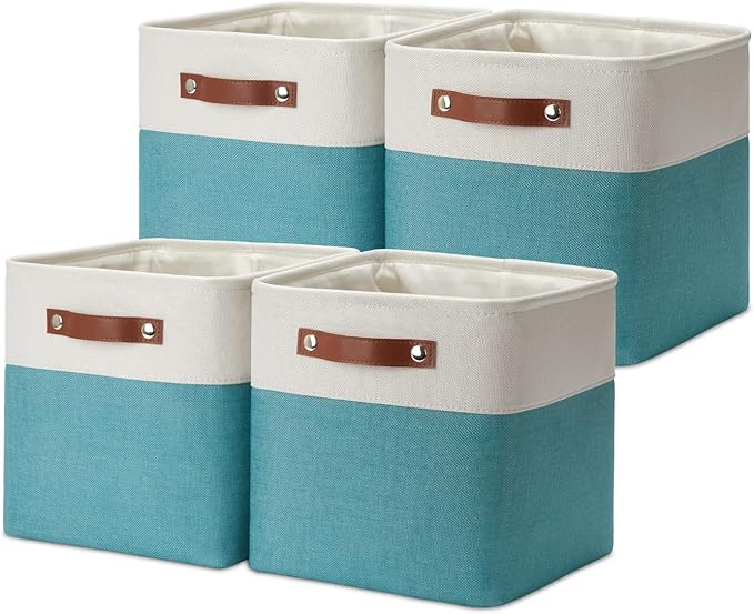 DULLEMELO Foldable Storage Cubes 11 x 11 Organizer Bins,Canvas Storage Bins Empty Gift Baskets for Organizing with SturdyLeather Handles, Closet Baskets for Nursery Storage(4 Pack - 11" White&Teal)-DeskLoop Office