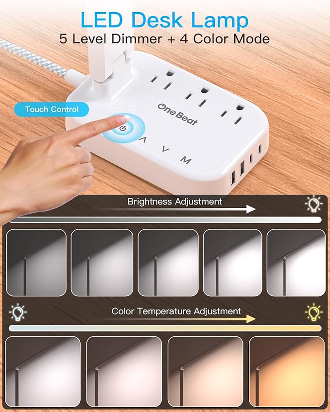 Power Strip with LED Desk Lamp, 3 Outlets 4 USB Ports(2 USBC) 4 Modes 5 Level Touch Lamp Small Desk Lamp for Home Office Bedroom Bedside, Study Reading Light, 5ft Extension Cord, Dorm Room Essentials-DeskLoop Office