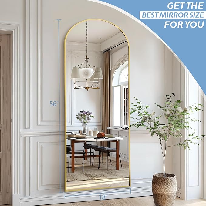 Floor Mirror Full Length, 56"X18" Gold Arch Full Length Body Mirror Wall Mounted with Thin Aluminum Frame, Tempered Glass Long Standing Mirror for Bedroom Living Room Dorm-DeskLoop Office