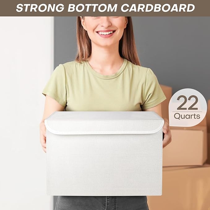 Large 22 Quart Linen Fabric Foldable Storage Bin Cube Organizer Basket with Flip-Top Lid & Handles, Clothes Blanket Box for Home, Office, Closet, White, 4 Pack 14.6 x 9.5 x 9.5”-DeskLoop Office