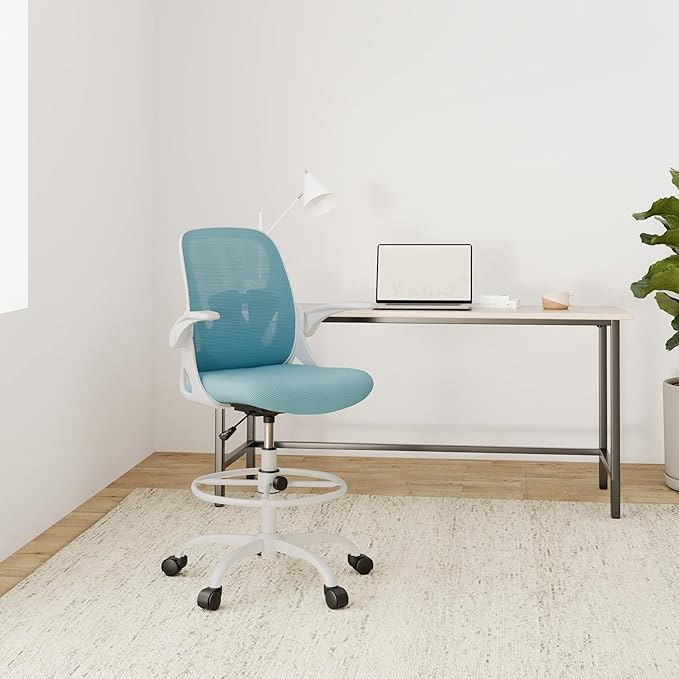 Primy Drafting Chair Tall Office Chair with Flip-up Armrests Executive Ergonomic Computer Standing Desk Chair with Lumbar Support and Adjustable Footrest Ring（Blue）-DeskLoop Office