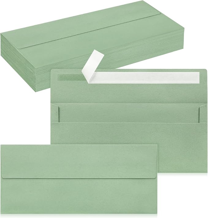 50 Pack #10 Business Envelopes, Self Seal Standard Sage Green Envelopes by QIKSION