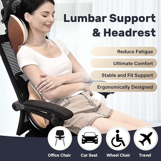 Coverado Lumbar Support and Car Neck Pillow, Ergonomic Memory Foam Desk Chair Cushion and Headrest Pillow for Car Office Chair, Sciatica & Neck & Tailbone Pain Relief Cushion-Beige-DeskLoop Office