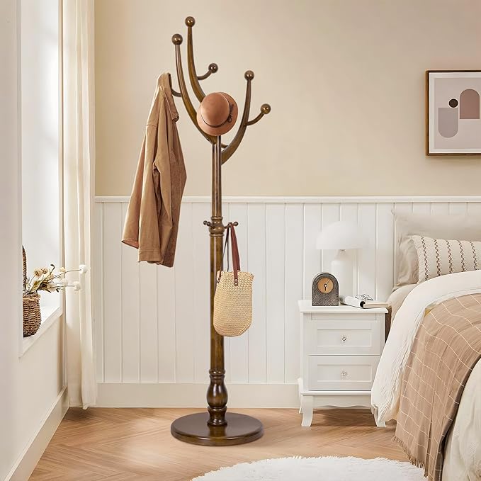 Wood Coat Rack Coat Tree Freestanding with Hooks, Heavy Duty Standing Coat Rack with Solid Round Base, 74” Tree Shaped Coat Hanger Stand for Clothes, Hat, Jacket, Entryway Bedroom, Walnut-DeskLoop Office