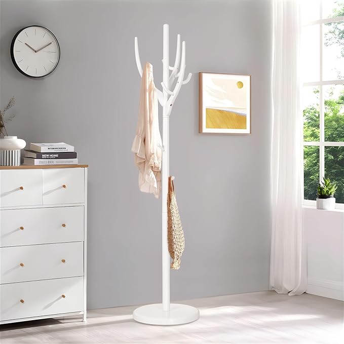 Coat Rack Freestanding, Wooden Coat Rack Stand with 16.5" Round Base, Tree Branch-look, 72" Coat Tree Standing Heavy Duty Clothes Hanger with 12 Hooks for Corner Entryway, White-DeskLoop Office