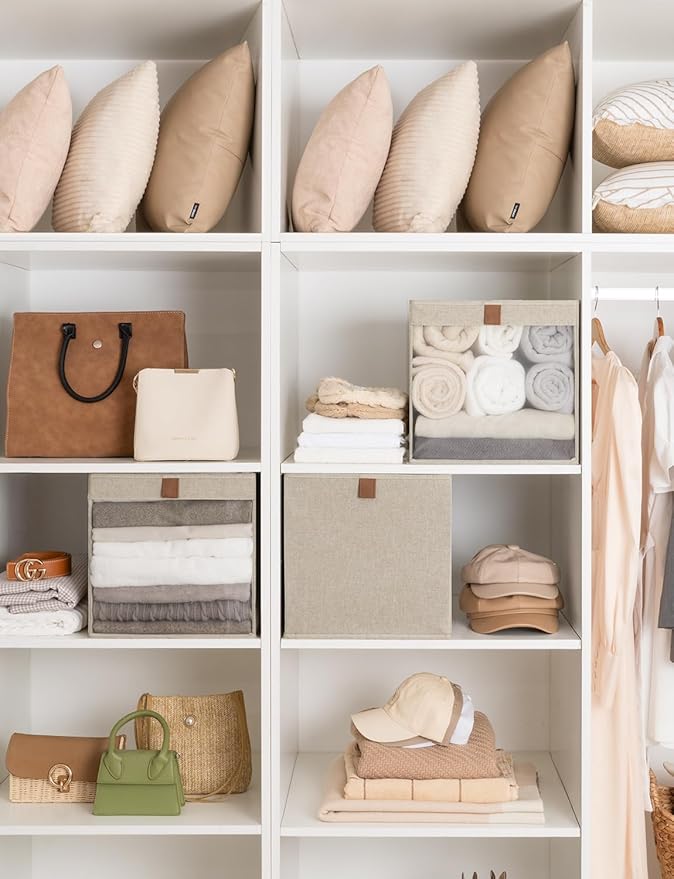 StorageWorks 13x13 Storage Cubes, Closet Storage Bins with Clear Window, Large Fabric Organizer for Clothes, Collapsible Storage Baskets with PU Handles, Brown and Beige, 3-Pack-DeskLoop Office