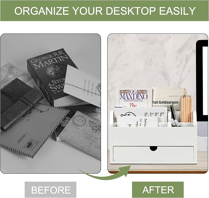 Desk Organizer with Drawer Wood File Office Mail Organizer Countertop-5 Slot - Image 5