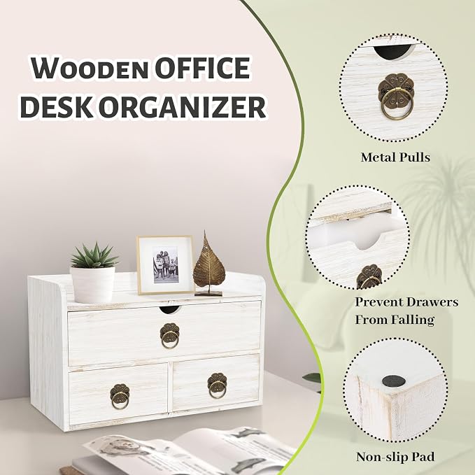 Wood Desk Organizer with Drawer, Tabletop Storage Organization Box - Image 5