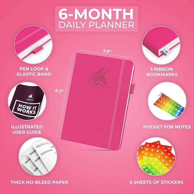 Clever Fox Daily Planner – Undated Planning Notebook with Hourly Schedule & To-Do List – Personal Day Task & Work Organizer, 6 Months (Hot Pink)-DeskLoop Office