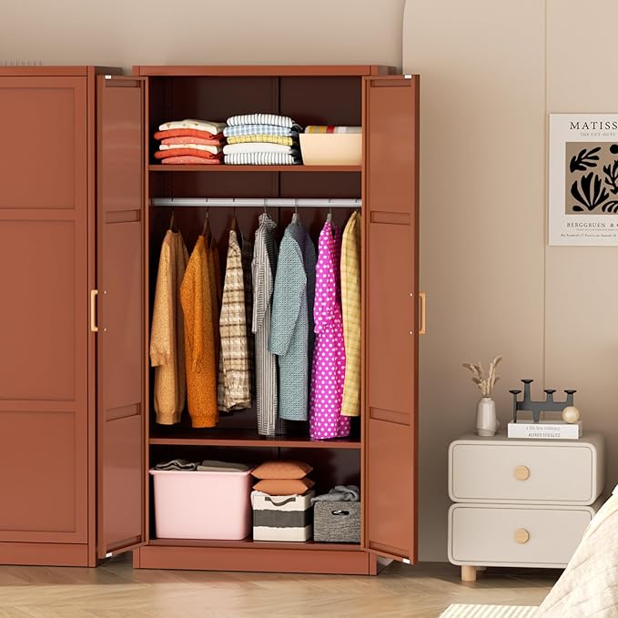 Greenvelly Metal Storage Wardrobe Cabinet, 72" Brown Metal Wardrobe Closet for Hanging Clothes with Doors and Shelves, Modern Steel Clothes Closet for Home, Office and Bedroom, School,Gym-DeskLoop Office