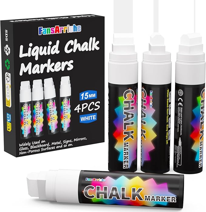 FansArriche White Chalk Markers, 15mm Jumbo Car Window Markers for Glass Washable, 4 Pack Liquid Chalk Marker Erasable for Chalkboard, Blackboard-DeskLoop Office
