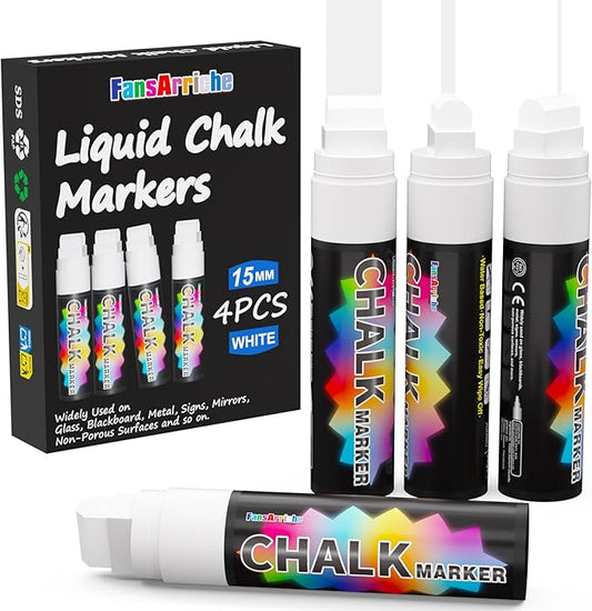FansArriche White Chalk Markers, 15mm Jumbo Car Window Markers for Glass Washable, 4 Pack Liquid Chalk Marker Erasable for Chalkboard, Blackboard-DeskLoop Office