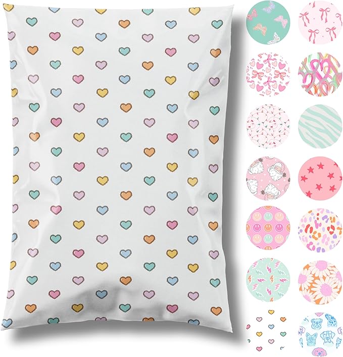 Pretty Package Store Designer Poly Mailers 6x9, Preppy Hearts, 100 Pack | Heavy by PrettyPackageStore