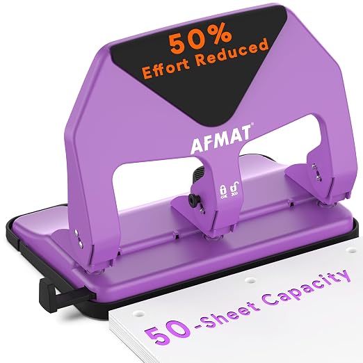 AFMAT Heavy Duty 3 Hole Punch, 50-Sheet Capacity, 50% Reduced Effort Three Hole by AFMAT