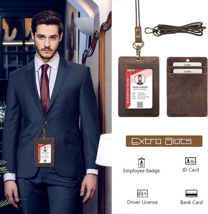 Boshiho Vertical Style Cowhide Leather ID Card Badge Holder - Image 6