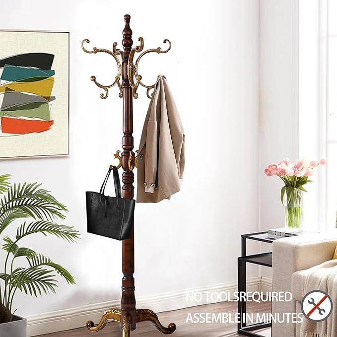 Wooden Coat Racks, Retro 78" Coat Tree with 12 Hooks & Stable Triangular Base, Entryway Coat Rack Freestanding for Hat, Clothes, Scarves, Handbags, Umbrella (Vintage)-DeskLoop Office