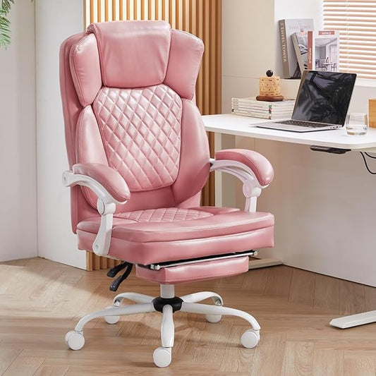 Ergonomic Office Chair with Foot Rest, Executive Chair with Footrest PU Leather Computer Chair, Big and Tall Chair Reclining Desk Chair, Thick Padded Coil Spring Seat, 400 lbs Capacity (Pink)-DeskLoop Office