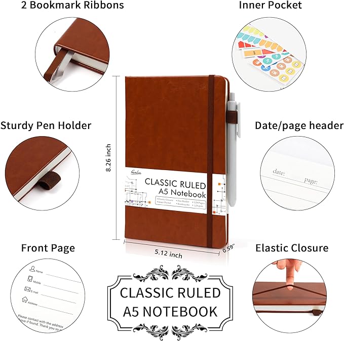 feela 24 Pack Journal Notebook for Work, Business Notebook Bulk Hardcover Lined Writing Journal with Pen Holder for Men Women Note Taking, with 24 Black Pens, 120 GSM, 5.1”x8.3”, A5, Brown-DeskLoop Office