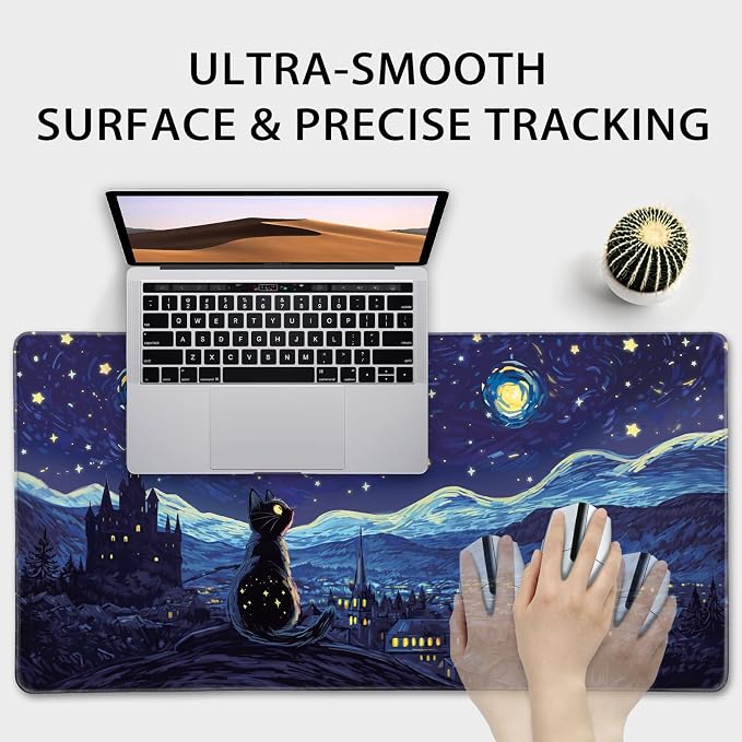 Starry Night Cat Large Mouse Pad, 31.5"x15.7" Desk Mat, Anti-Slip Rubber Base - Image 6