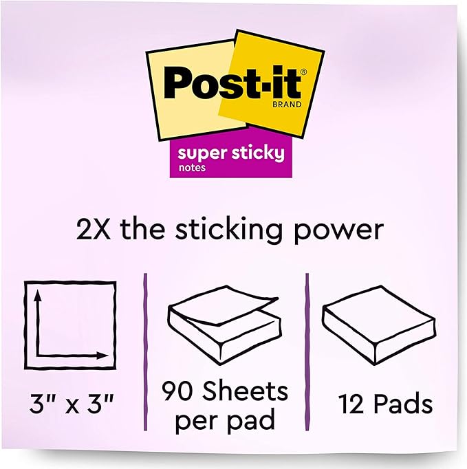 Post-it Super Sticky Notes, 12 Sticky Note Pads, 3 x 3 in., School Supplies - Image 3